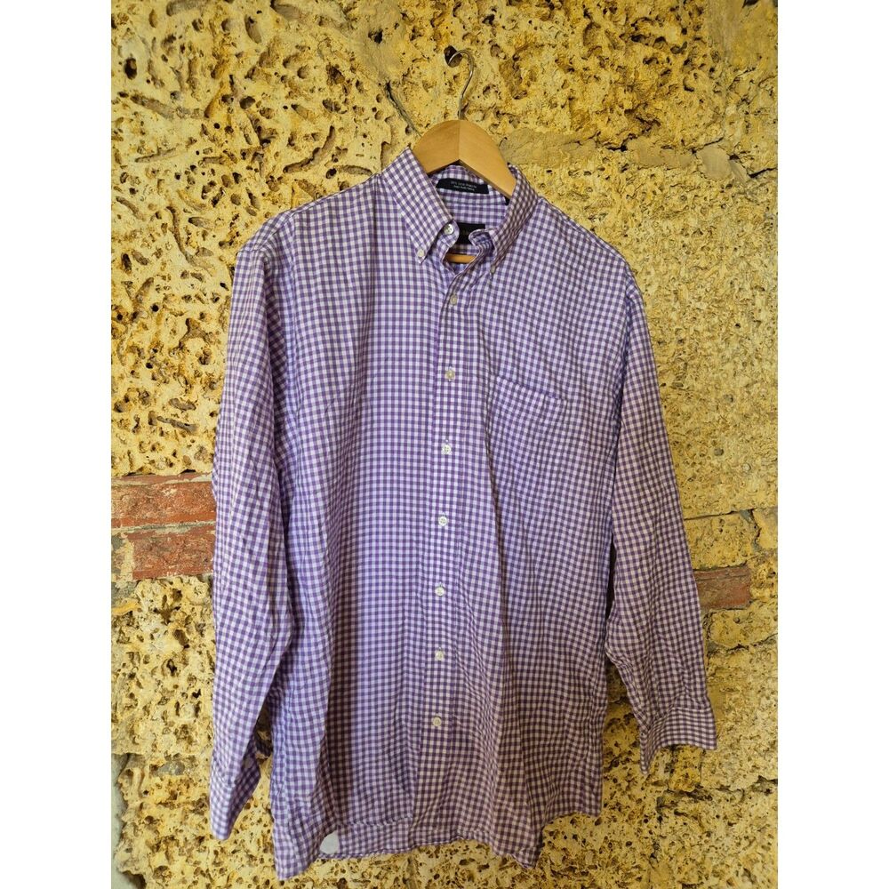 Allen Edmonds Mens L Purple White Check Dress Shirt Wrinkle Free Cotton